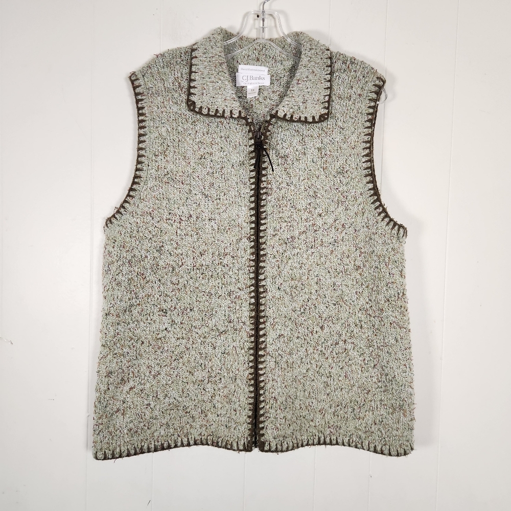 Vtg Christopher & Banks Hand Embroidered Oatmeal Zipper Sweater Vest Size 1x - Picture 2 of 16